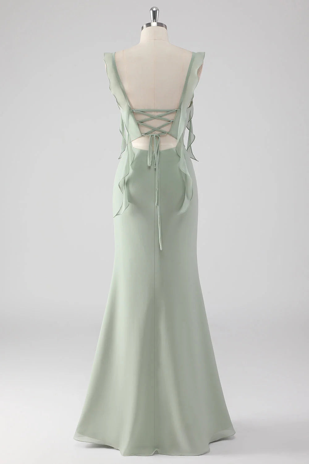 Sage Green Sheath Ruffled Lace-Up Back Long Bridesmaid Dress with Slit
